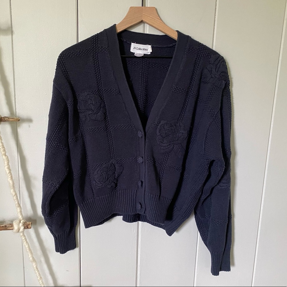 Vintage Blue Chunky Knit Floral Sweater Cardigan